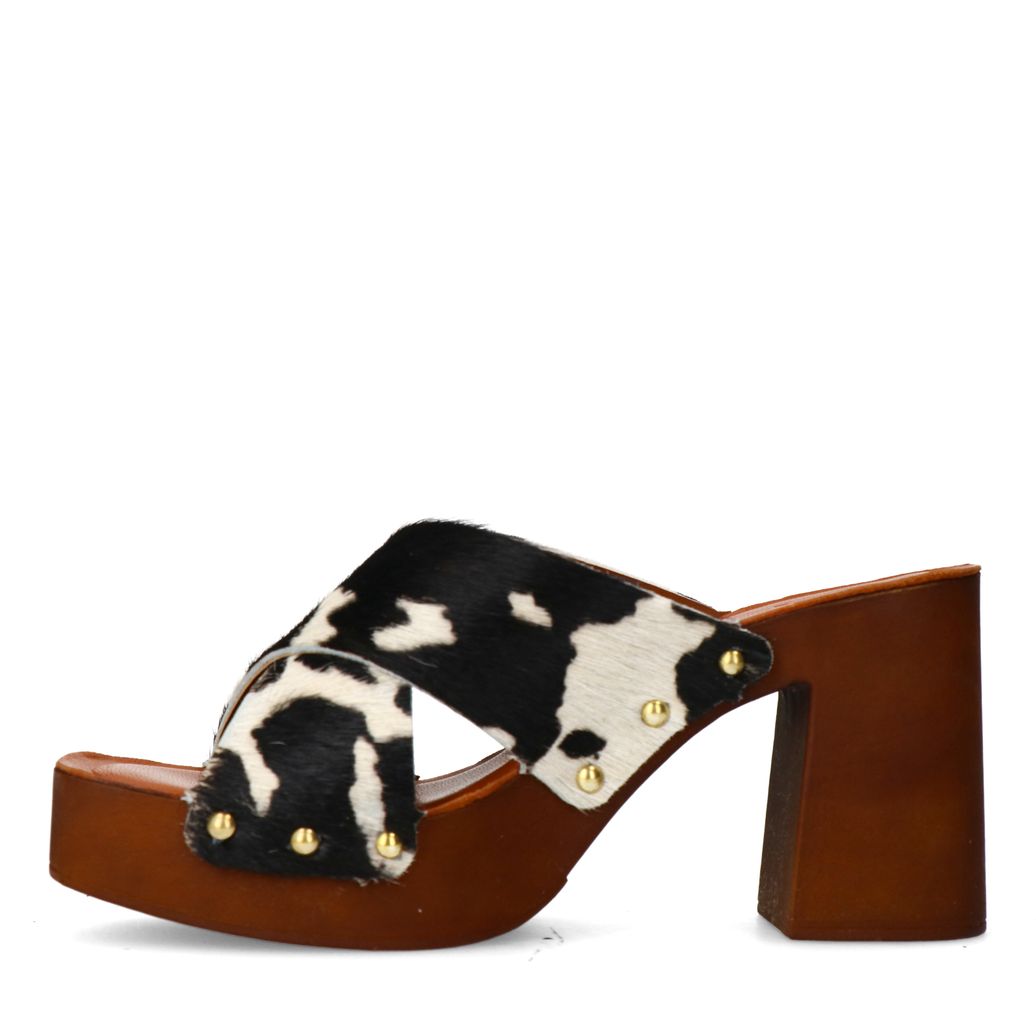 Leder-Mules mit Plateauabsatz und Kuhfellmuster