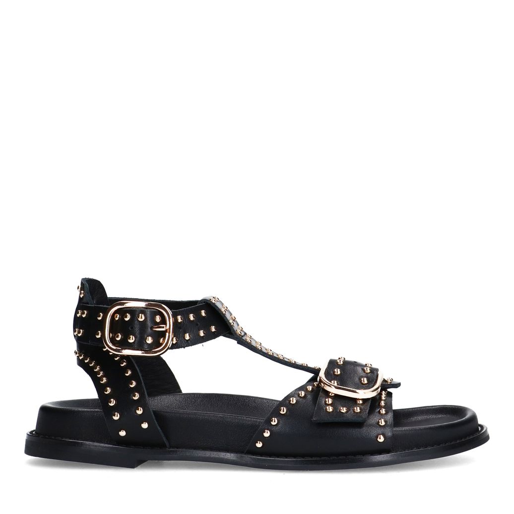 Schwarze Ledersandalen mit goldfarbenen Nieten und Schnallen