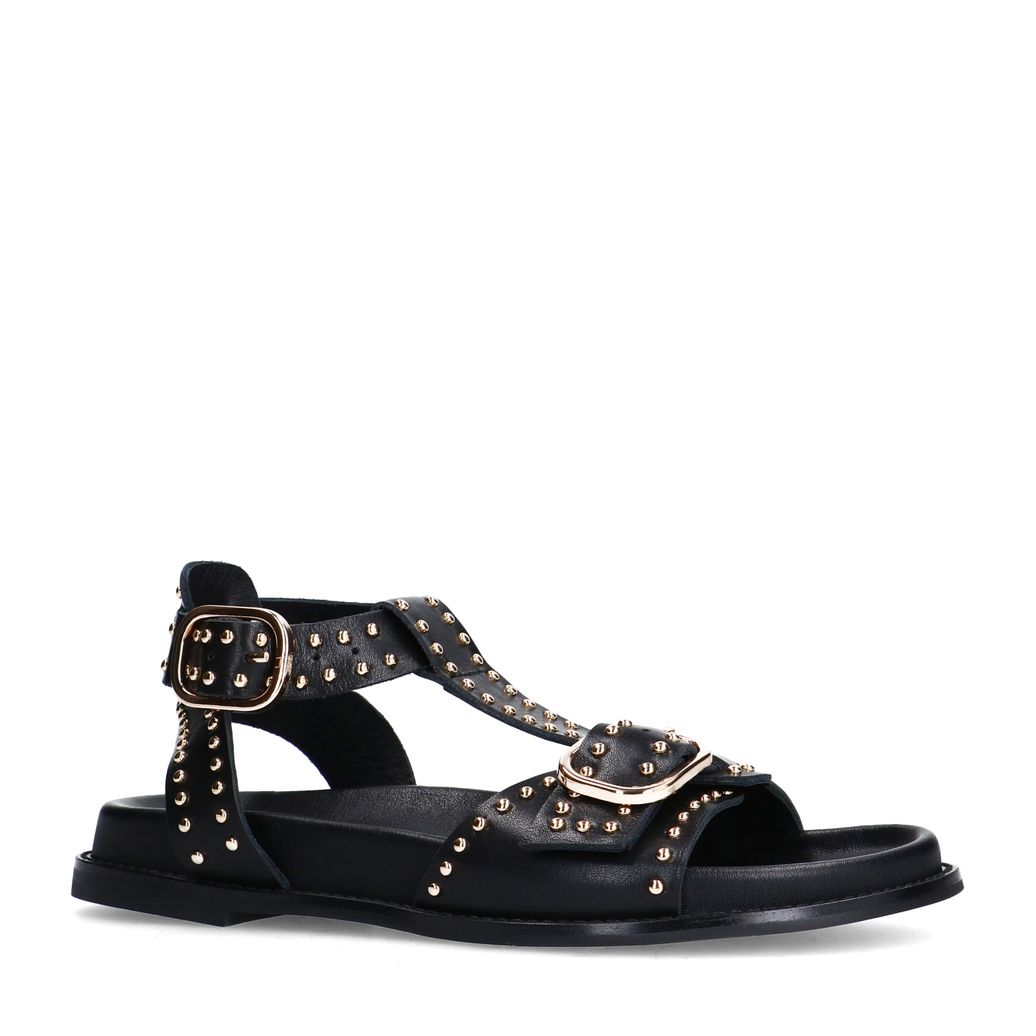 Schwarze Ledersandalen mit goldfarbenen Nieten und Schnallen