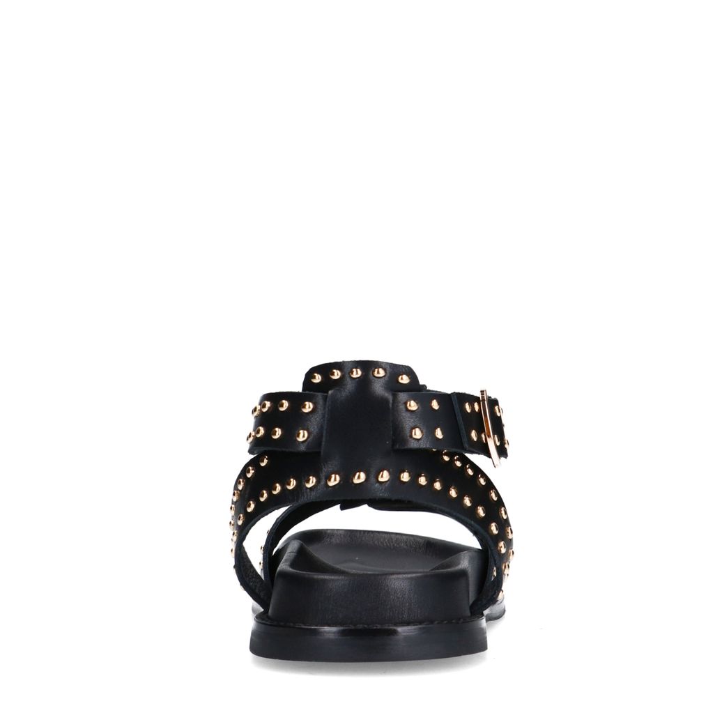 Schwarze Ledersandalen mit goldfarbenen Nieten und Schnallen