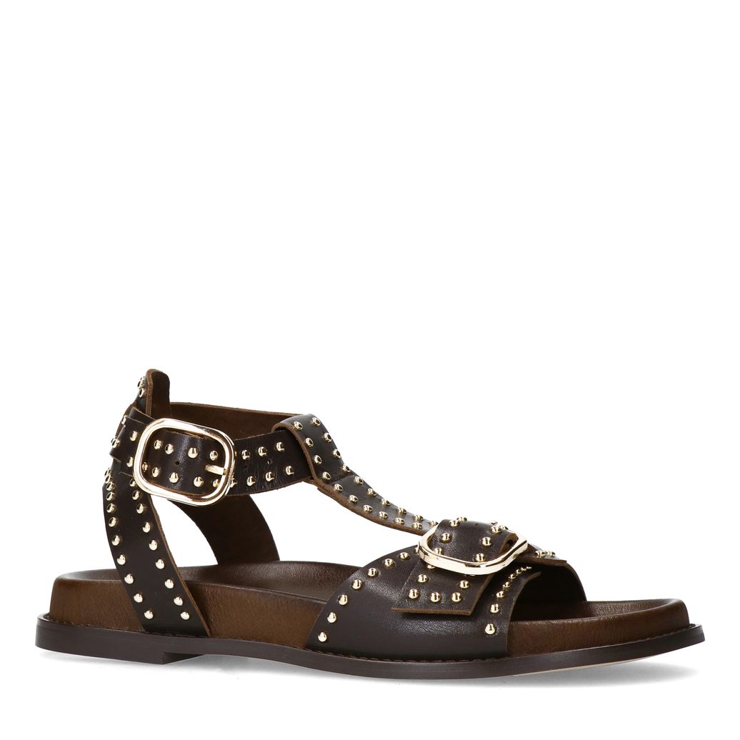 Donkerbruine leren sandalen met goudkleurige buckles en studs