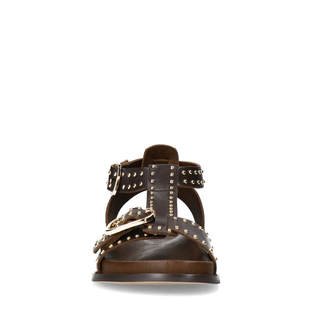 Donkerbruine leren sandalen met goudkleurige buckles en studs