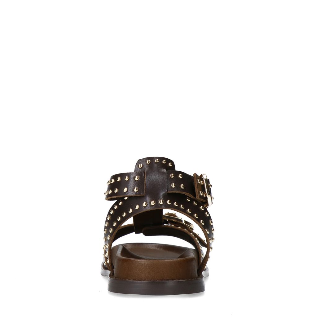 Donkerbruine leren sandalen met goudkleurige buckles en studs