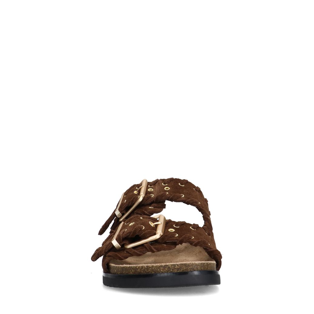 Donkerbruine suède slippers met goudkleurige buckles