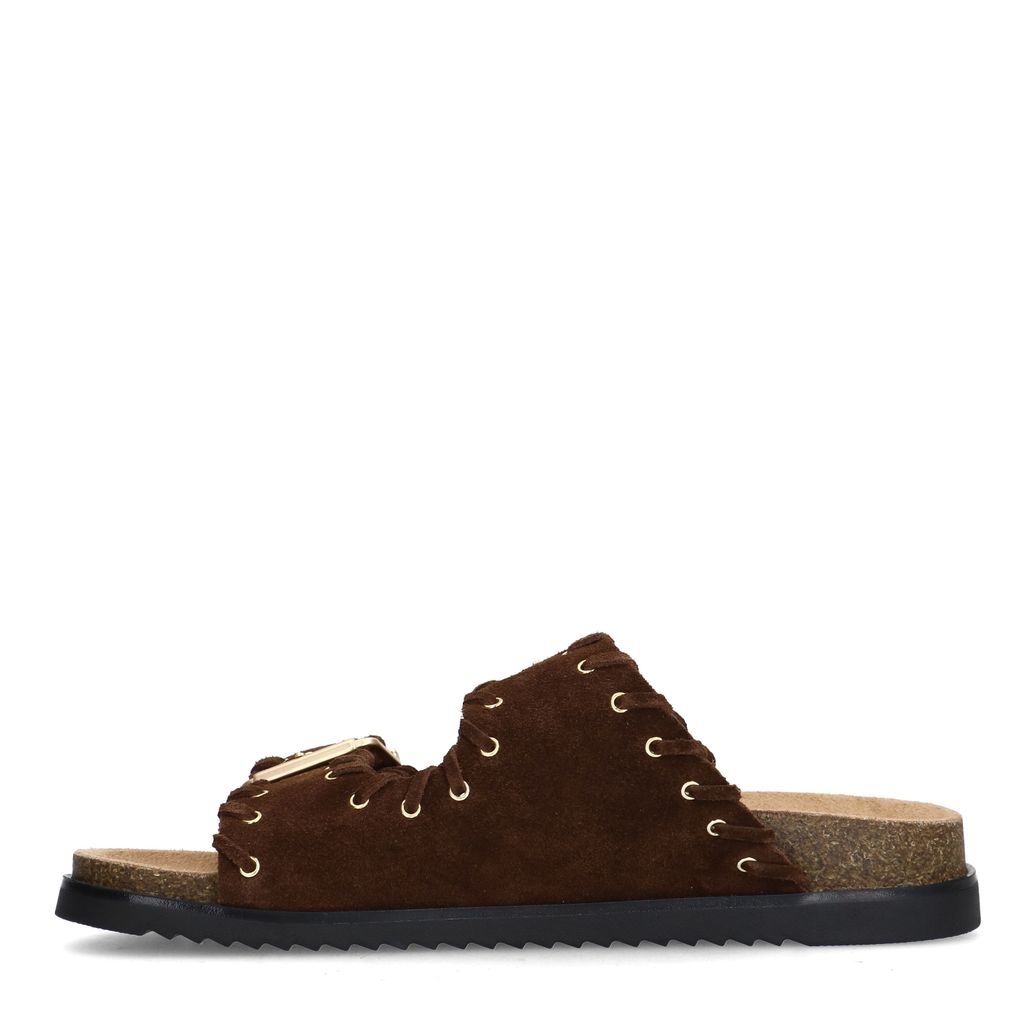 Donkerbruine suède slippers met goudkleurige buckles