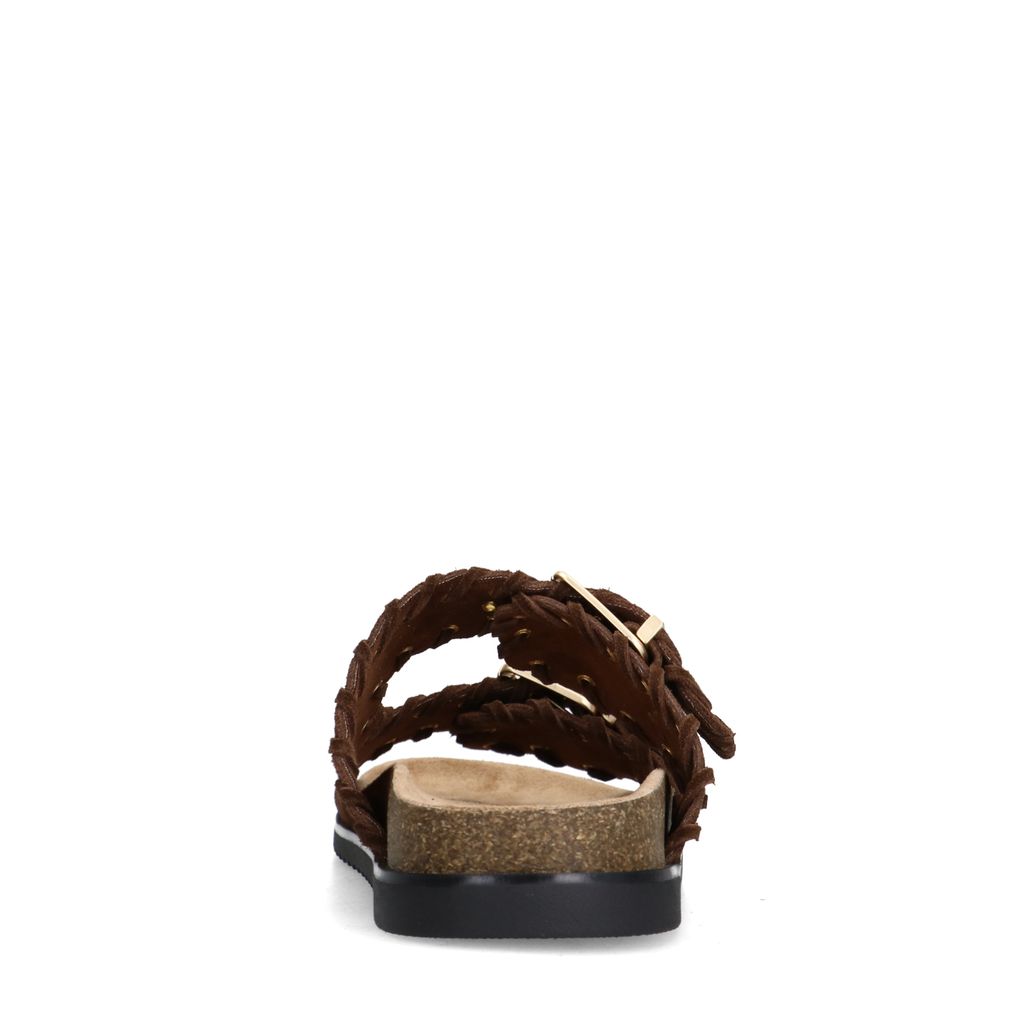 Donkerbruine suède slippers met goudkleurige buckles