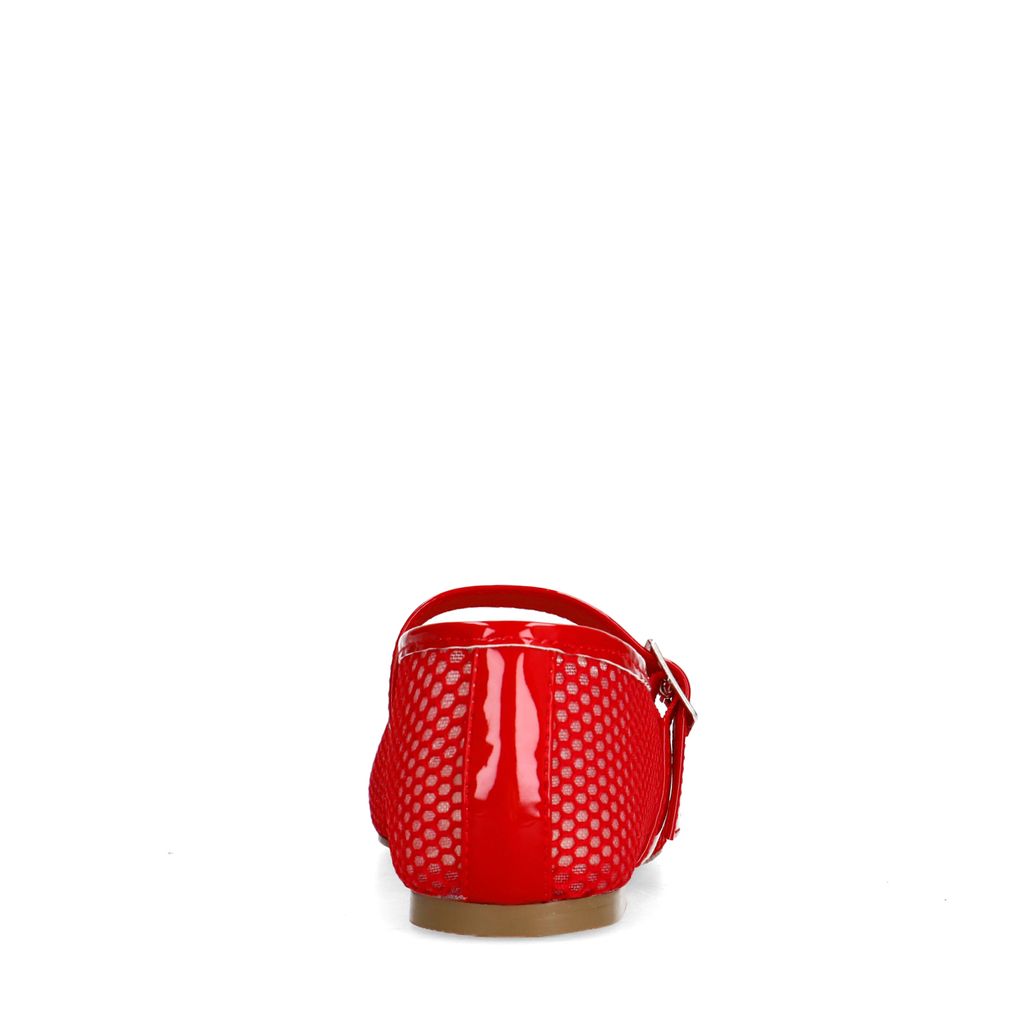 Rote Fishnet-Ballerinas mit silberfarbener Schnalle