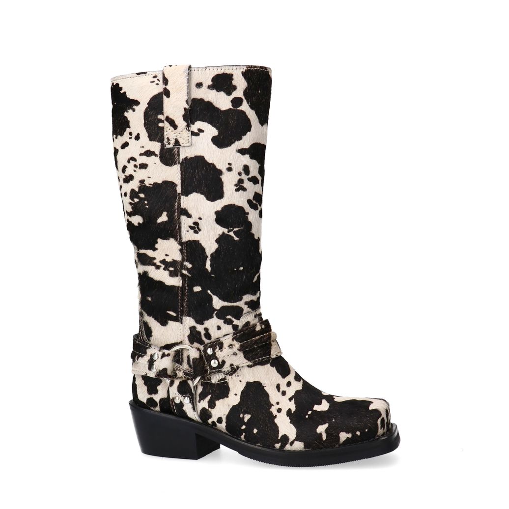 Bottines motardes en daim imprimé vache