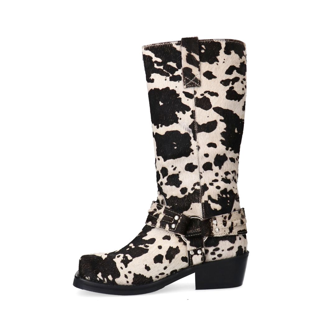 Bottines motardes en daim imprimé vache