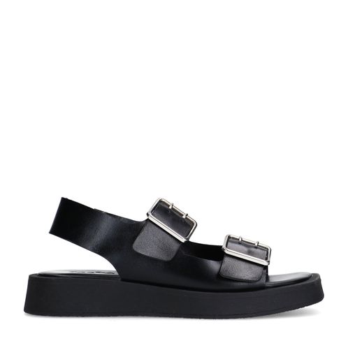 Zwarte leren plateau sandalen met zilverkleurige buckles