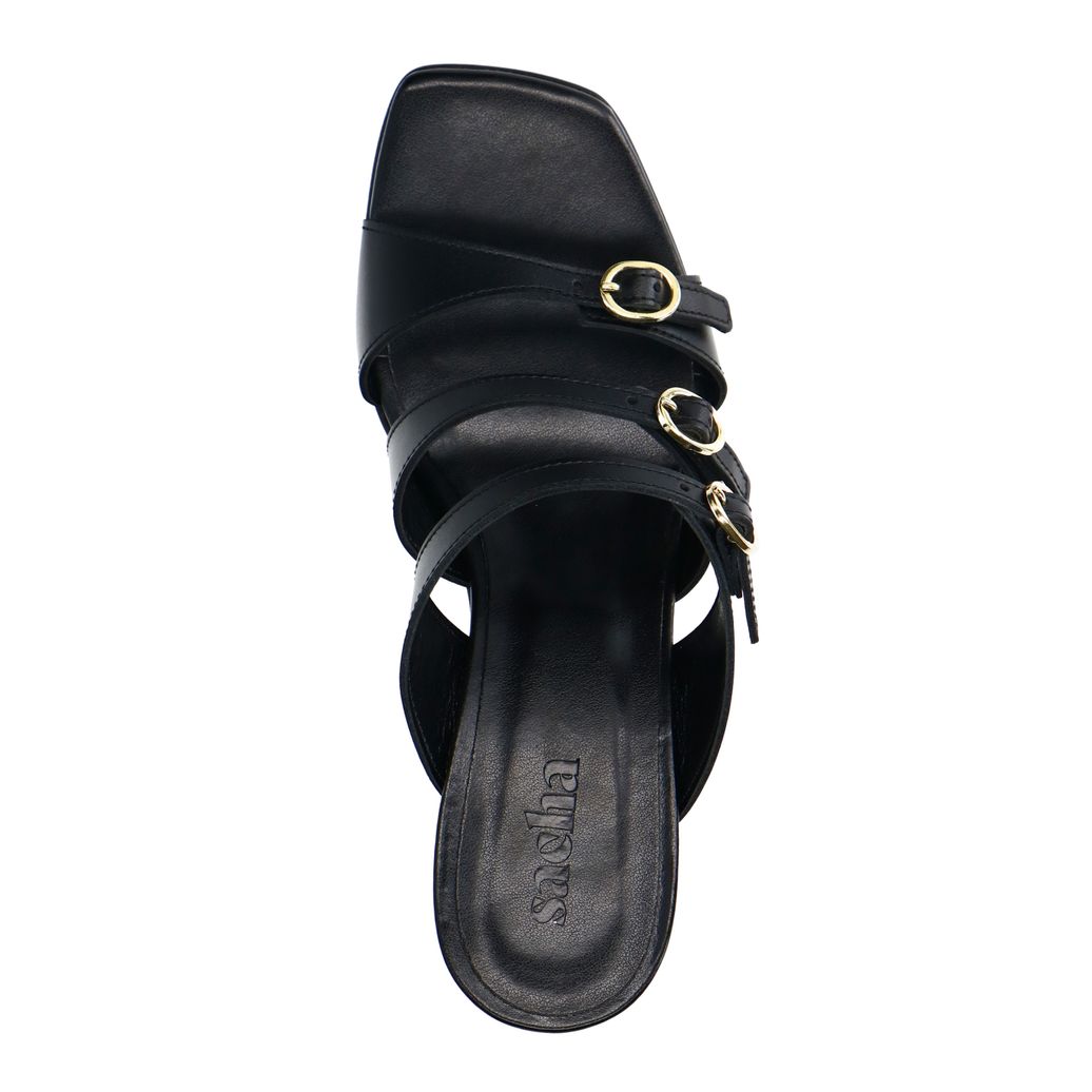 Zwarte leren sandalen met hak en gespen