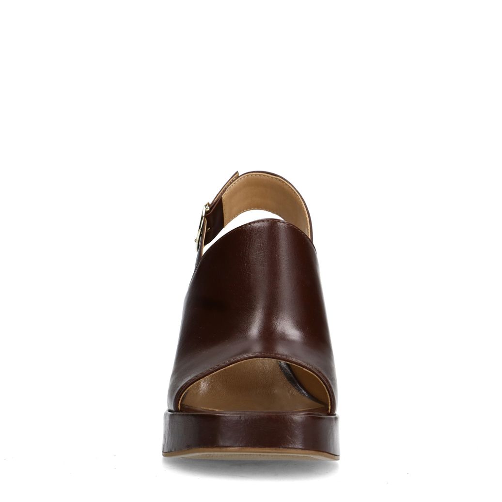 Donkerbruine leren sandalen met hak en gesp