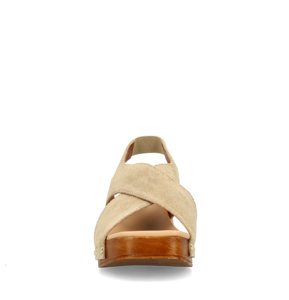 Beige suède sandalen met houten hak