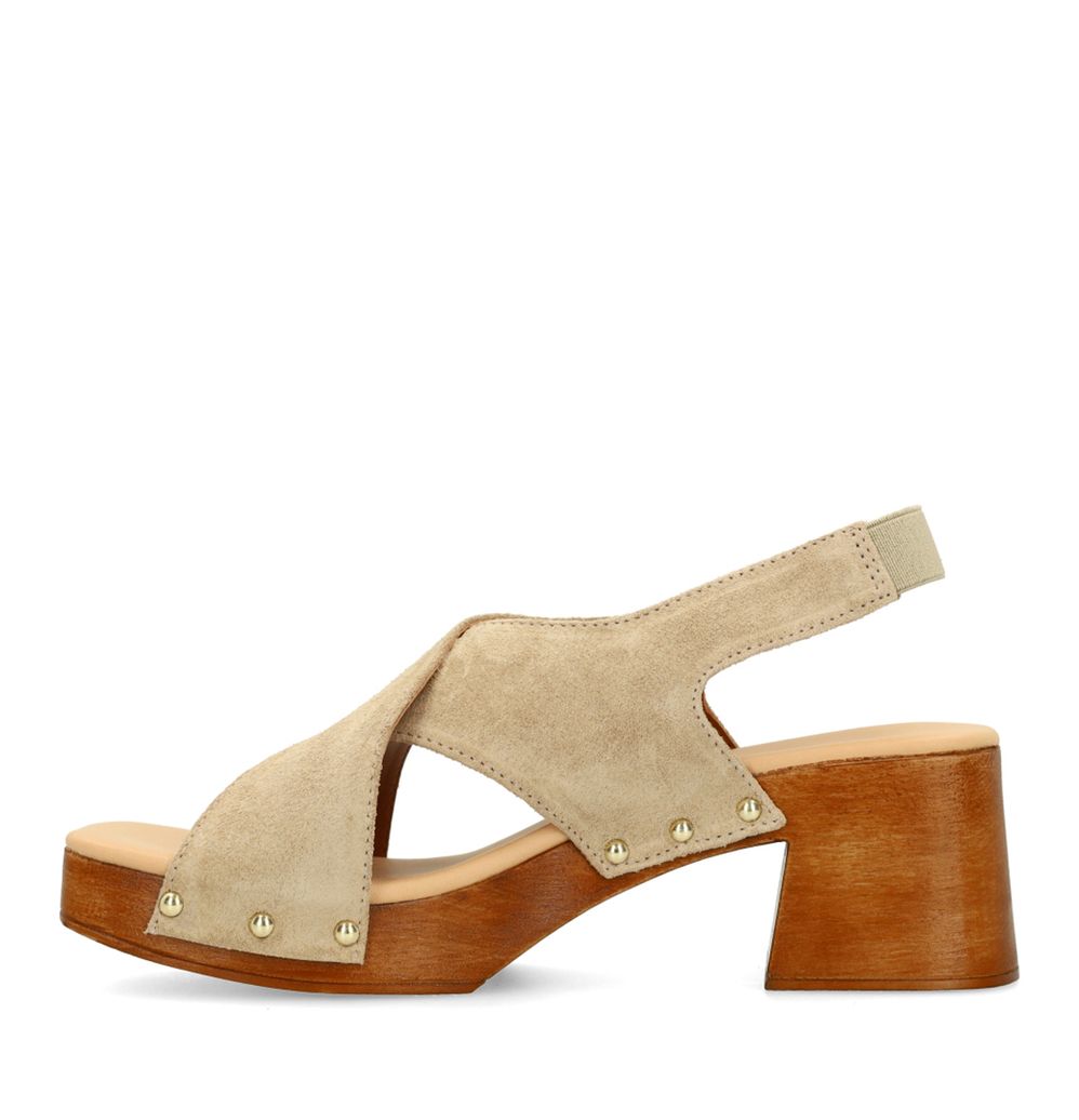 Beige suède sandalen met houten hak
