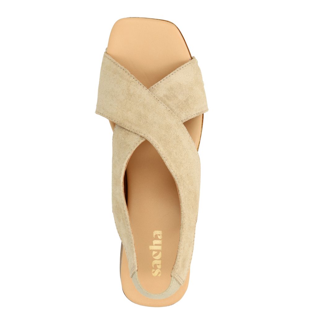 Beige suède sandalen met houten hak