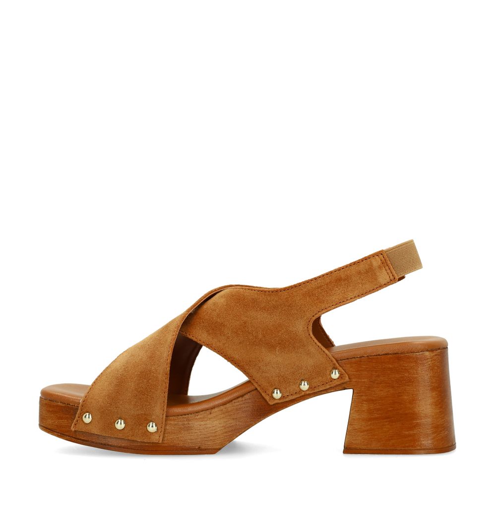 Cognac suède sandalen met houten hak