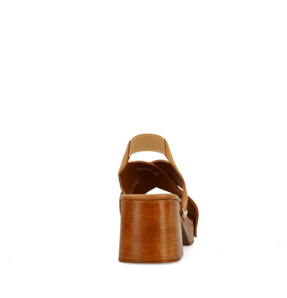 Cognac suède sandalen met houten hak
