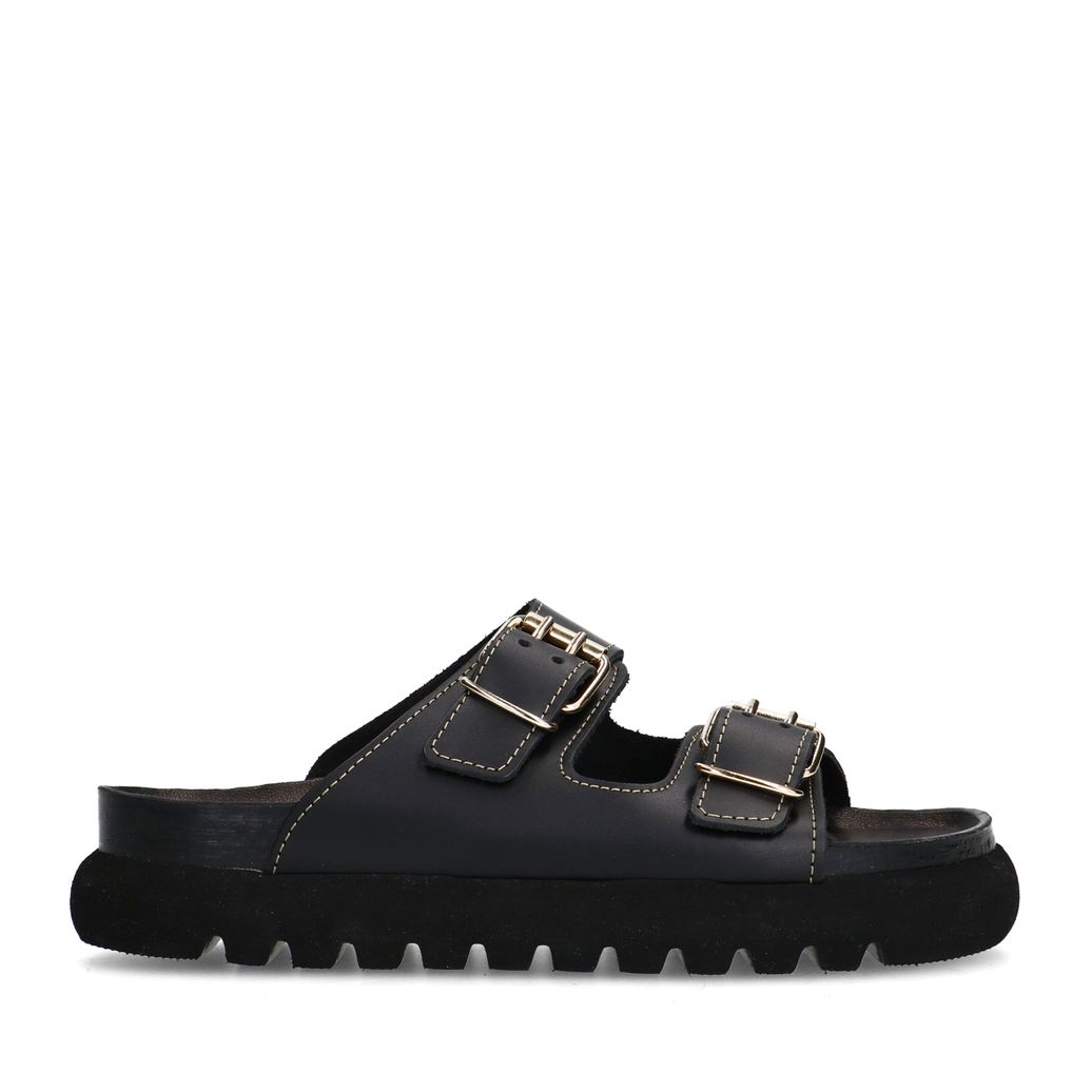 Zwarte leren slippers met goudkleurige buckles