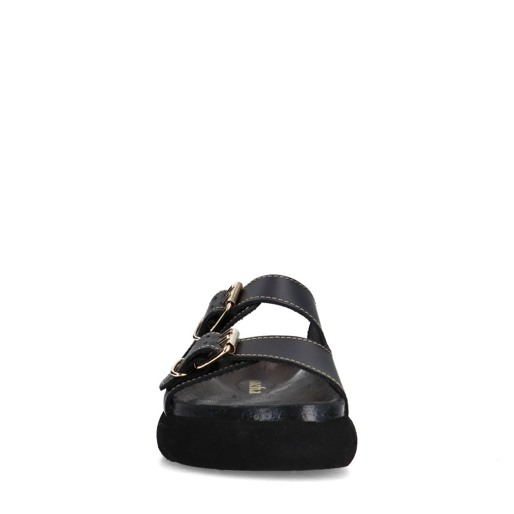Zwarte leren slippers met goudkleurige buckles