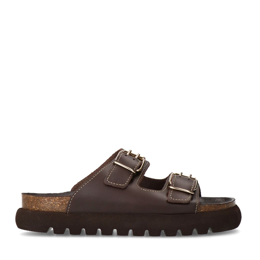 Dunkelbraune Ledersandalen mit goldfarbenen Schnallen