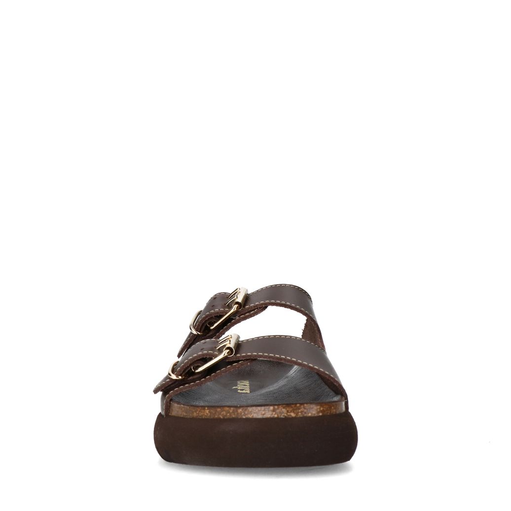 Dunkelbraune Ledersandalen mit goldfarbenen Schnallen
