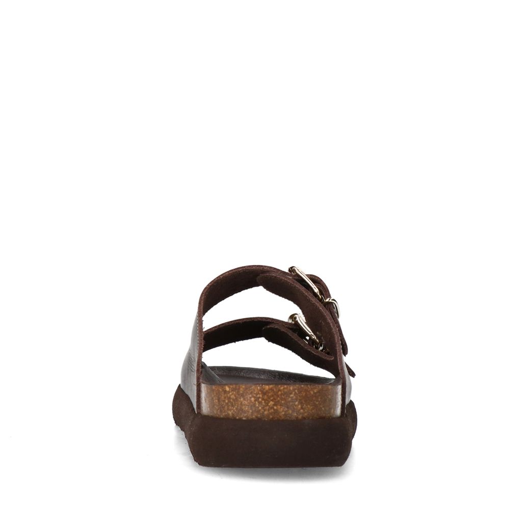 Donkerbruine leren slippers met goudkleurige buckles