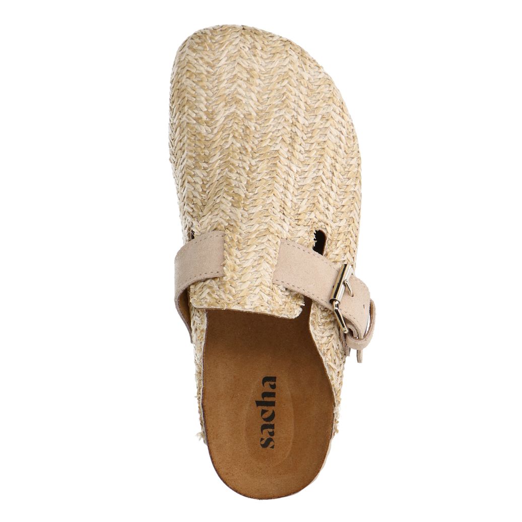 Beige raffia clogs met gesp