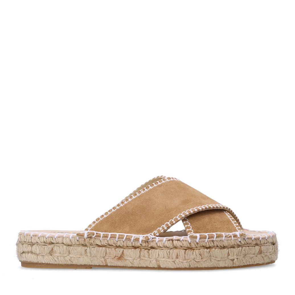 Beigefarbene Veloursleder-Sandalen mit weißen Nähten
