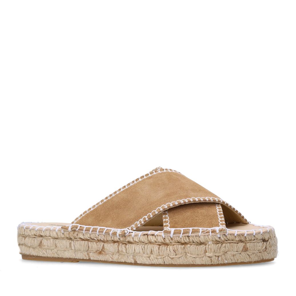 Beigefarbene Veloursleder-Sandalen mit weißen Nähten