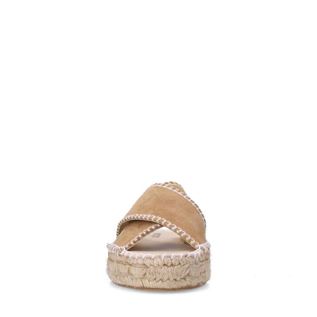 Beigefarbene Veloursleder-Sandalen mit weißen Nähten
