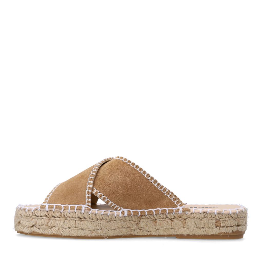 Beigefarbene Veloursleder-Sandalen mit weißen Nähten