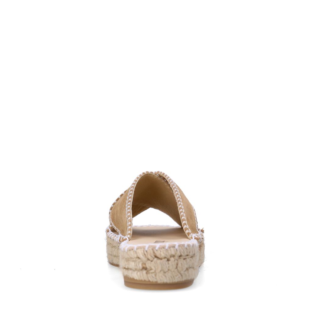Beigefarbene Veloursleder-Sandalen mit weißen Nähten
