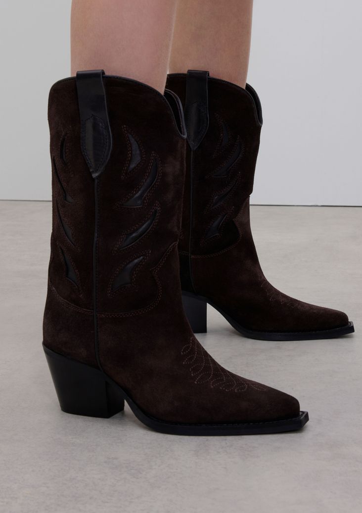 Dunkelbraune Veloursleder-Cowboystiefel mit Stickerei