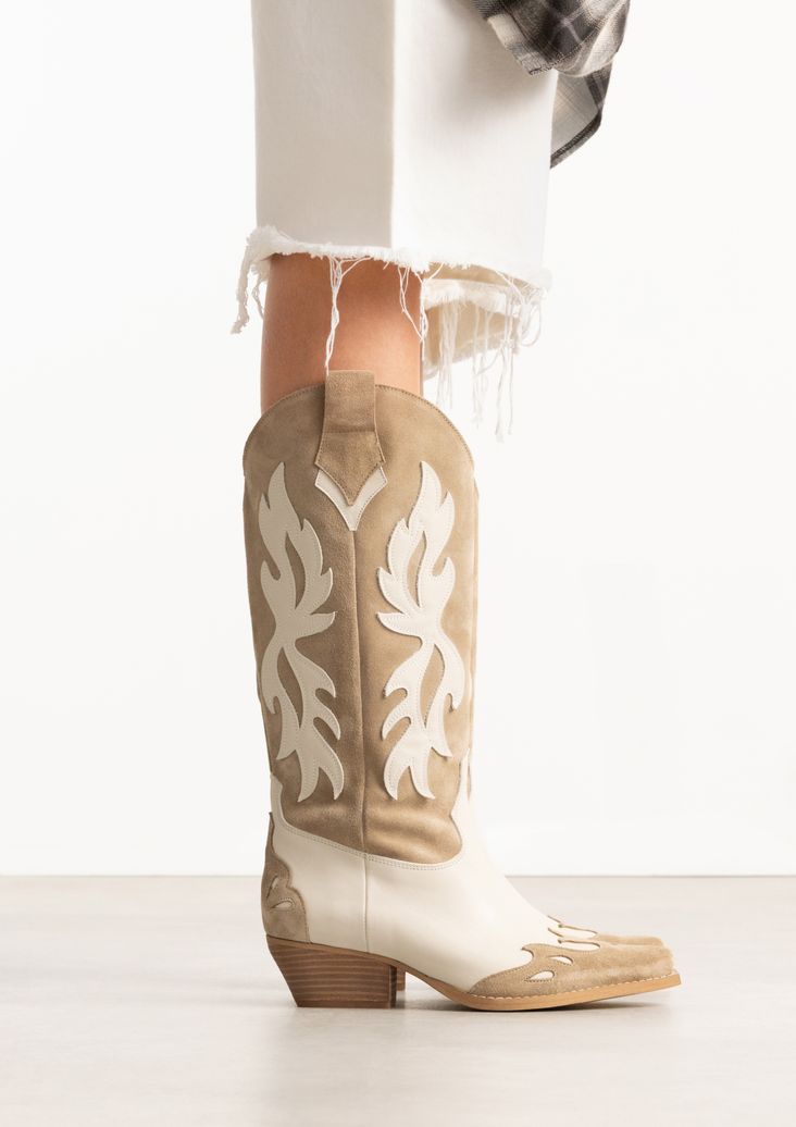 Santiags en daim avec surpiqûres décoratives - beige