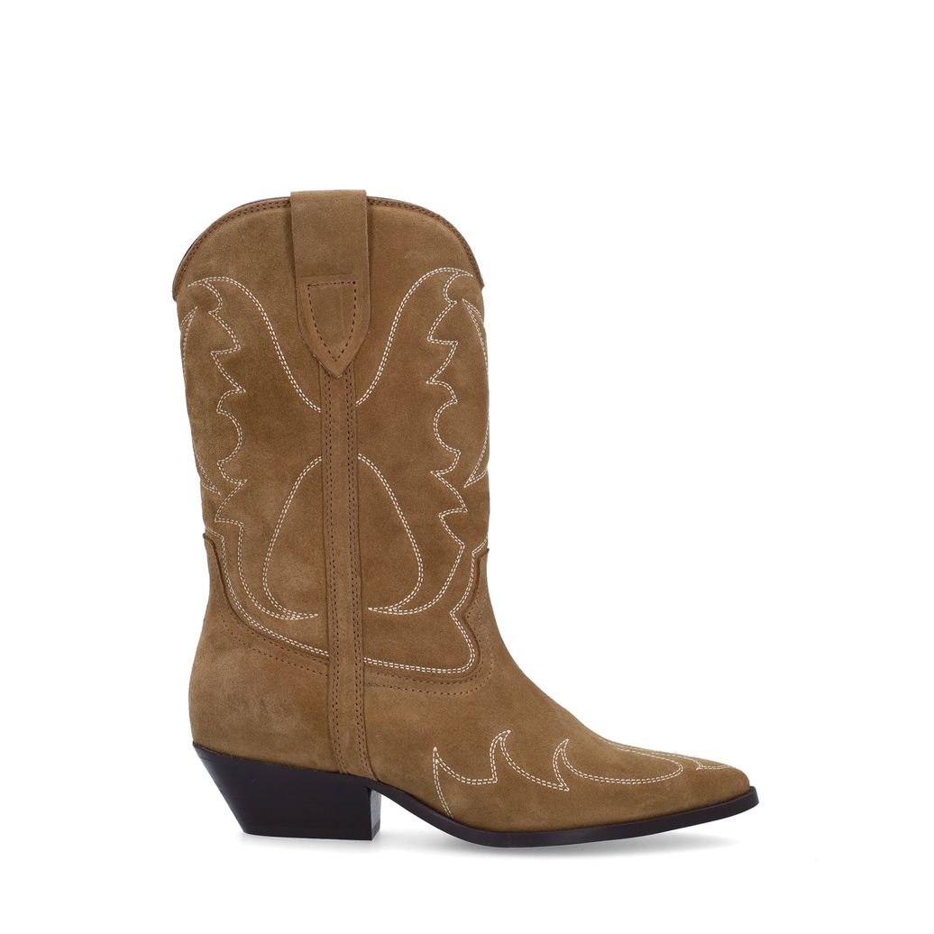 Taupefarbene Veloursleder-Cowboystiefeletten mit Stickerei