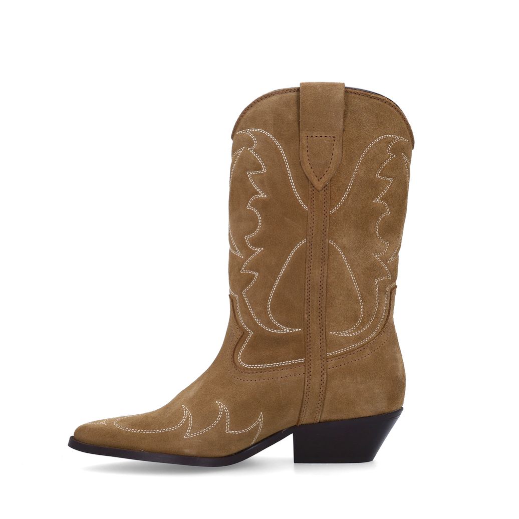 Taupefarbene Veloursleder-Cowboystiefeletten mit Stickerei