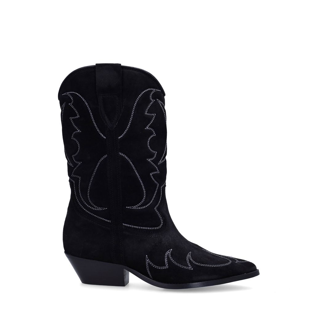 Schwarze Veloursleder-Cowboystiefeletten mit Stickerei