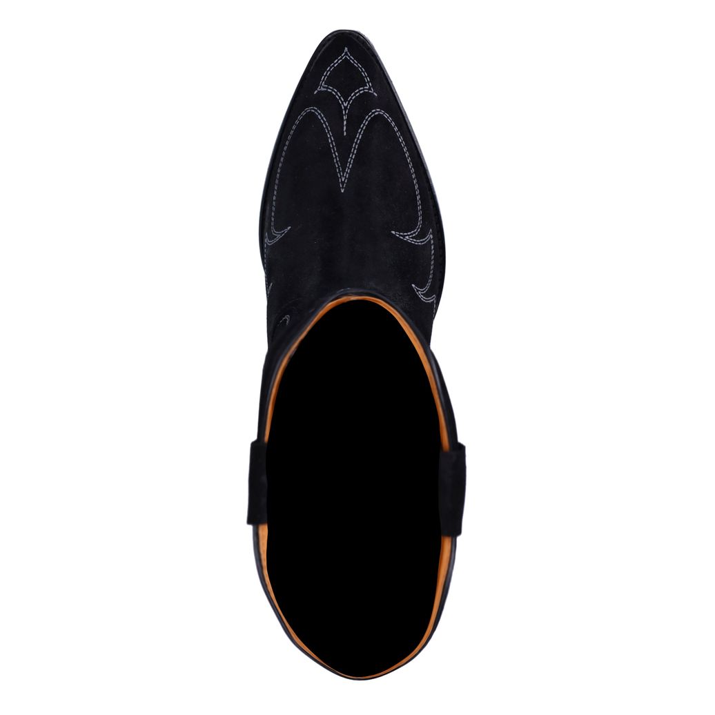 Schwarze Veloursleder-Cowboystiefeletten mit Stickerei