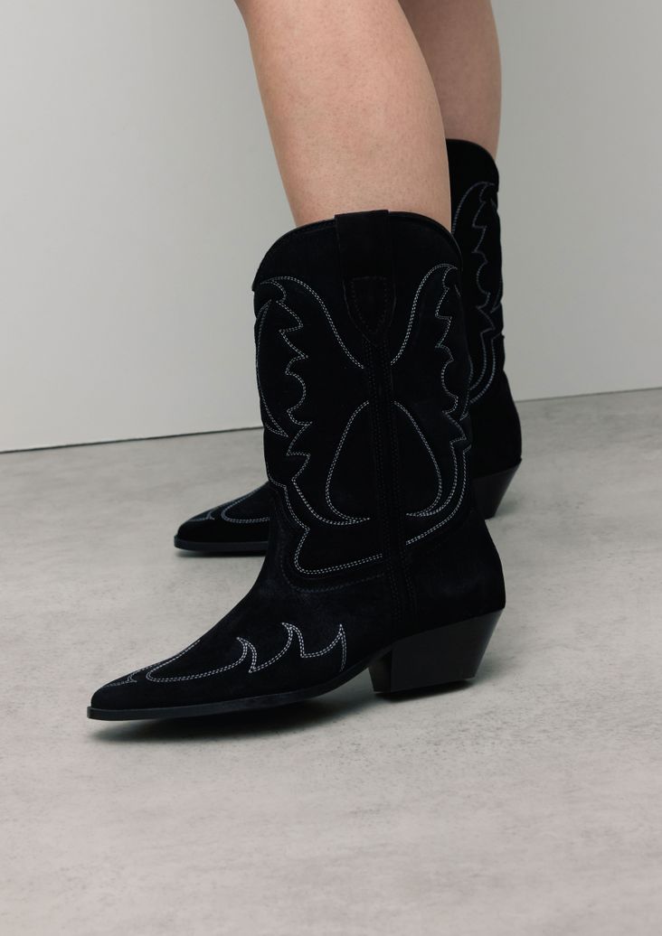 Schwarze Veloursleder-Cowboystiefeletten mit Stickerei