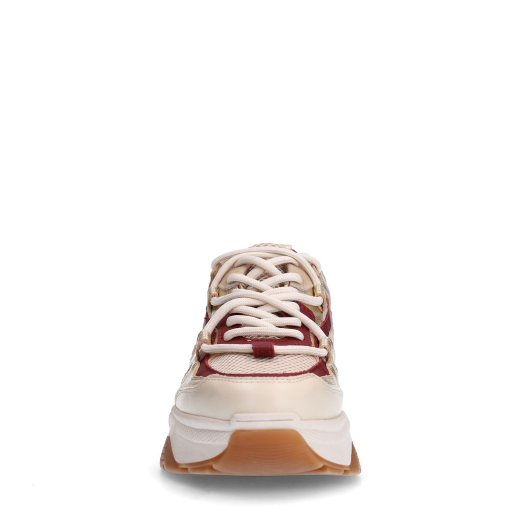 Beige sneakers met burgundy details
