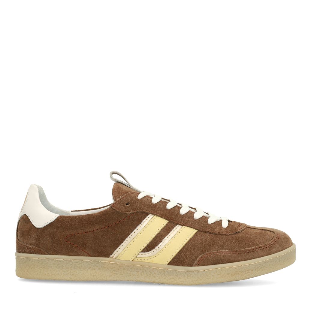 Braune Veloursleder-Sneaker mit gelben Details
