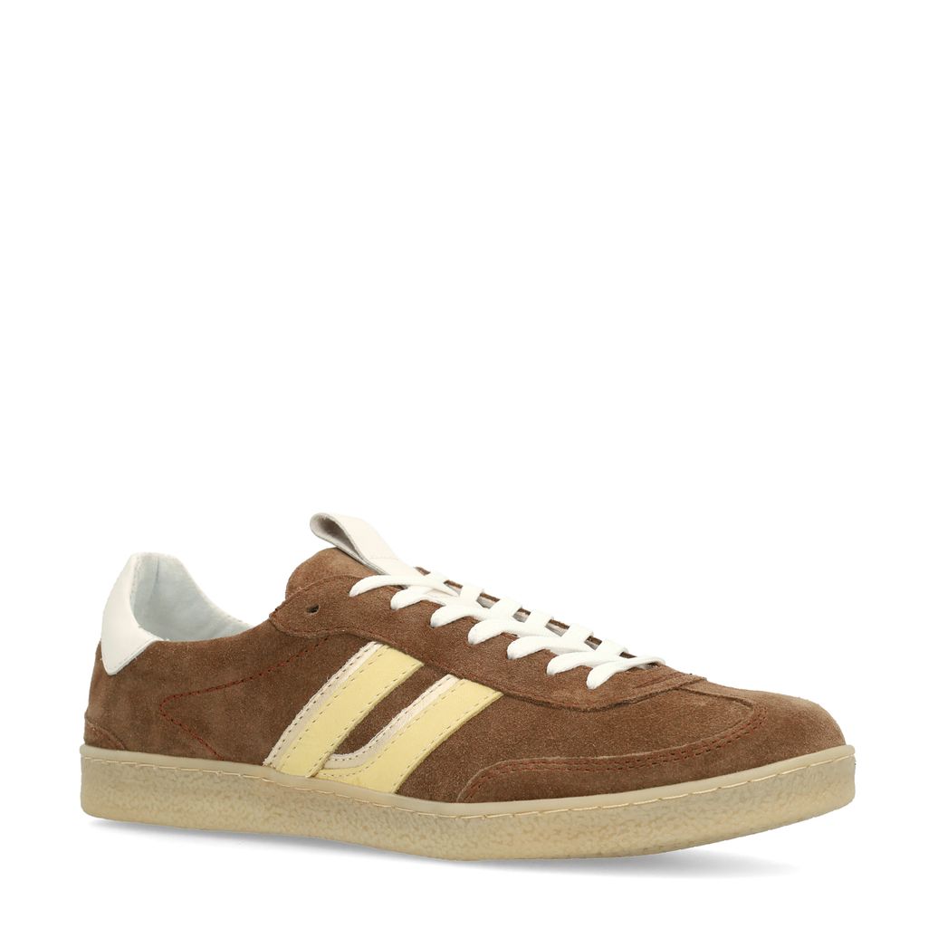 Braune Veloursleder-Sneaker mit gelben Details