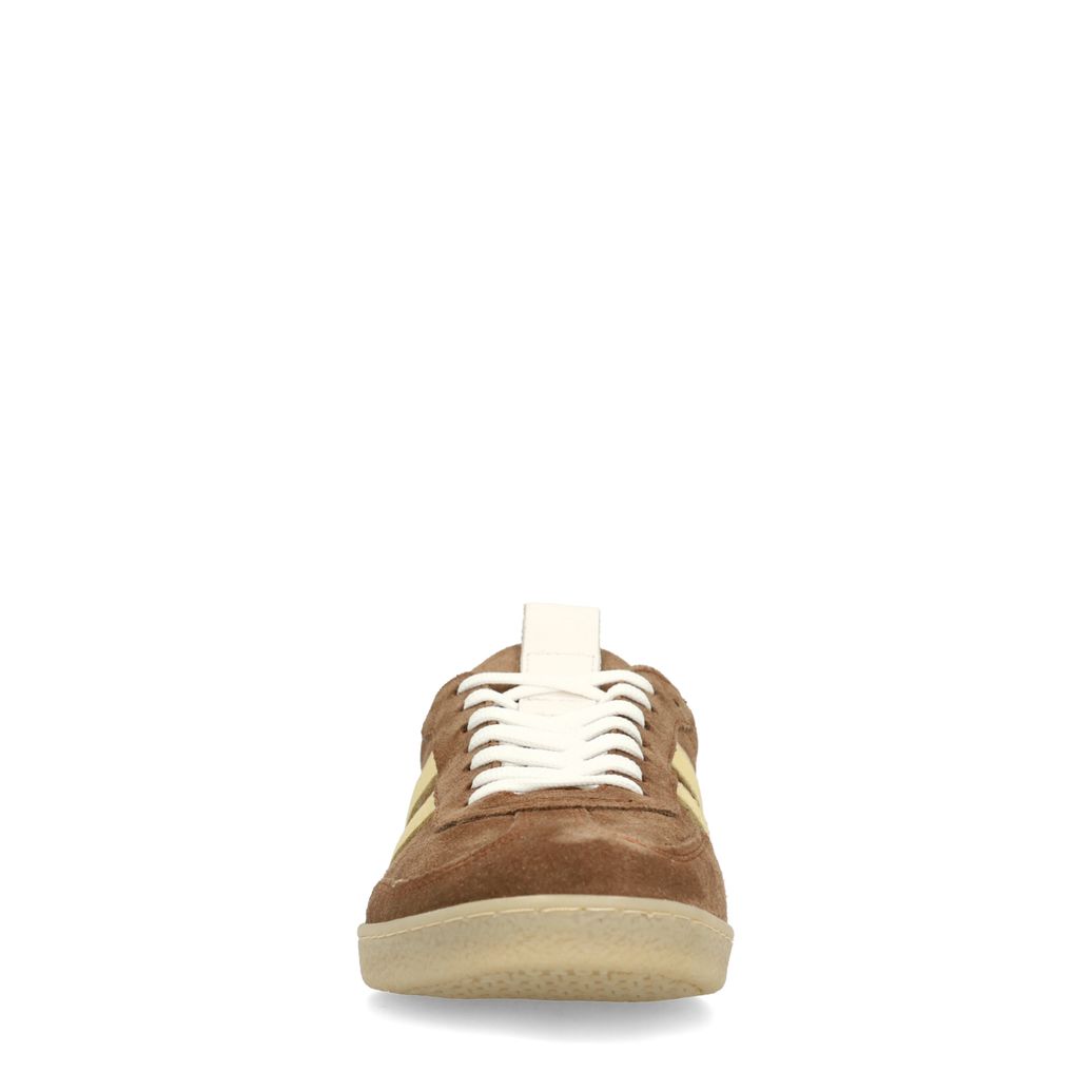 Braune Veloursleder-Sneaker mit gelben Details