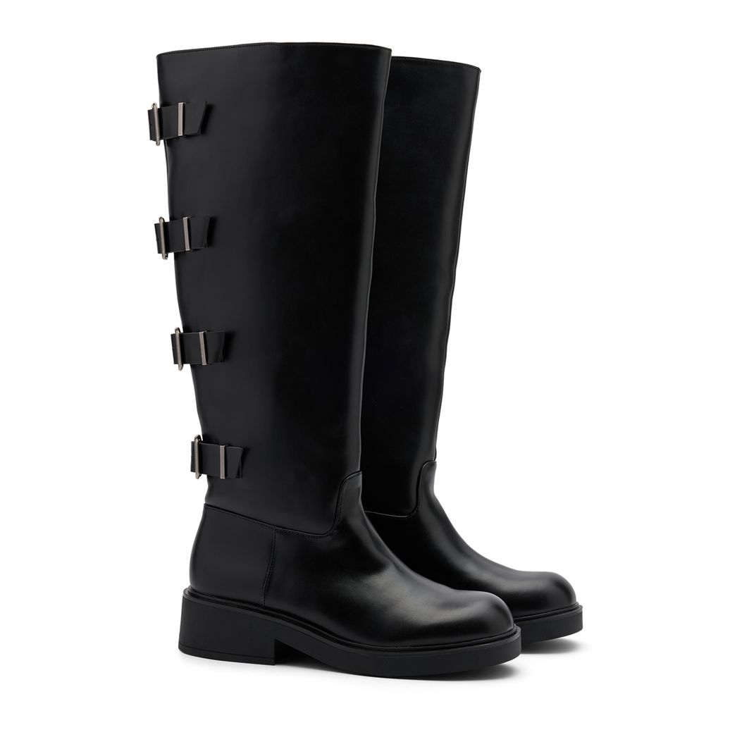 Zwarte multi buckle biker boots met brede schacht
