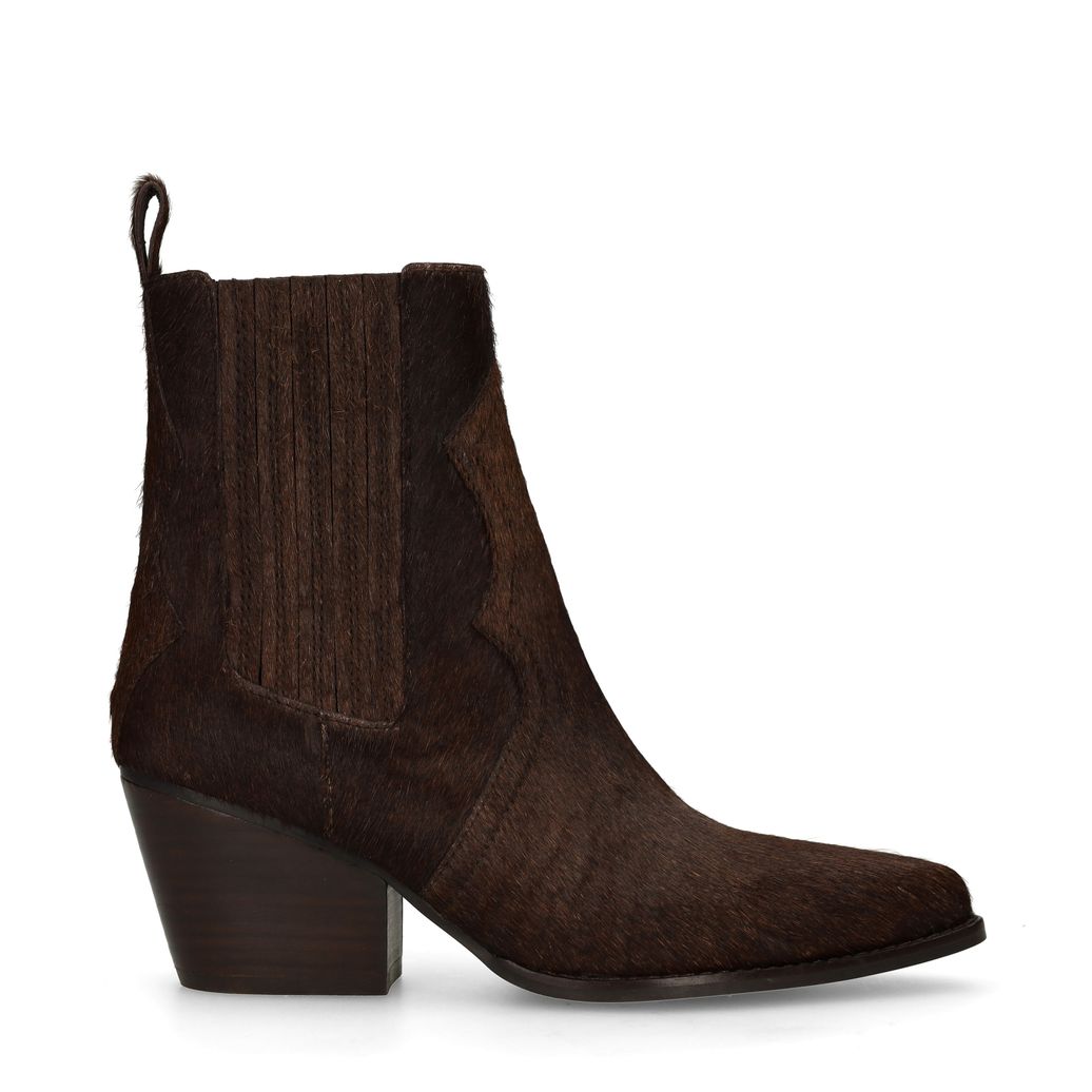 Dunkelbraune Absatz-Stiefeletten mit Kuhfellmuster