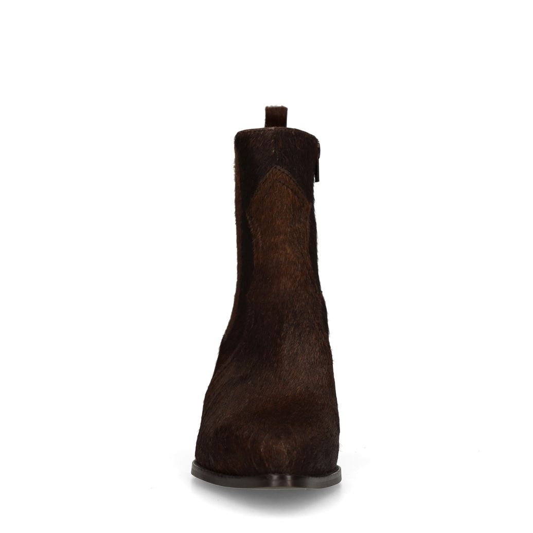 Dunkelbraune Absatz-Stiefeletten mit Kuhfellmuster