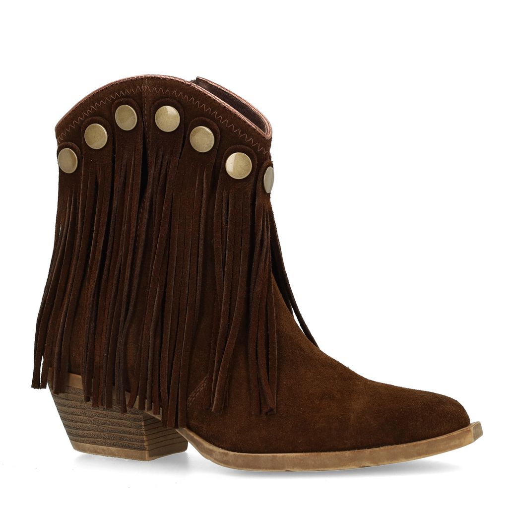 Braune Veloursleder-Cowboystiefeletten mit Fransen