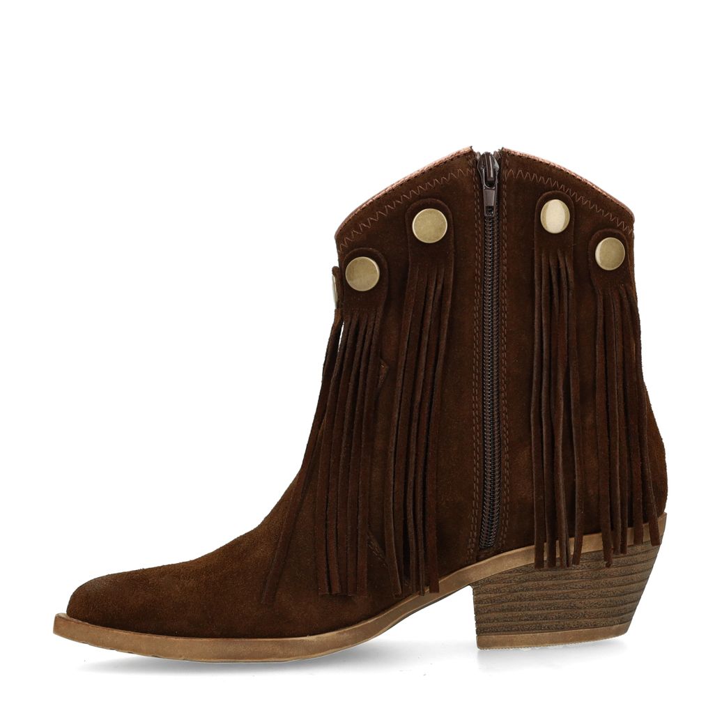 Braune Veloursleder-Cowboystiefeletten mit Fransen