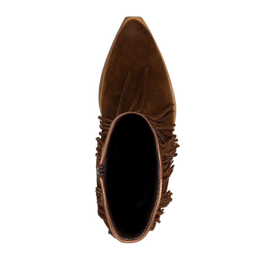 Braune Veloursleder-Cowboystiefeletten mit Fransen