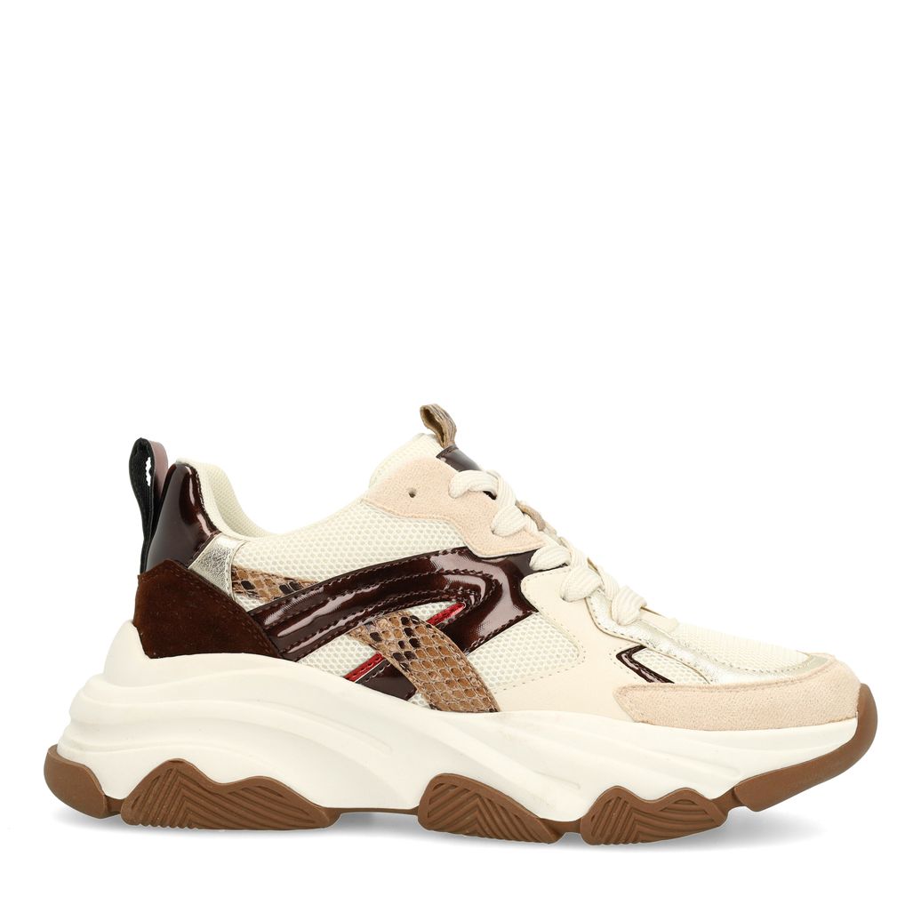 Beigefarbene Sneaker mit Schlangenmuster-Details